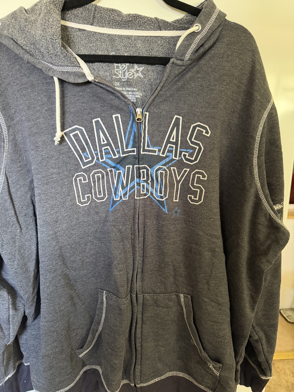Herstyle Gray Hoodie with Blue Graphic Zip Front